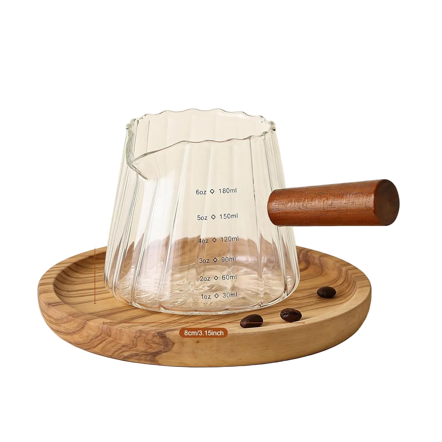 Espresso Messbecher 180 ml (6 oz) aus Borosilikatglas – V-Ausguss mit Holzgriff, Messskala in ml/oz