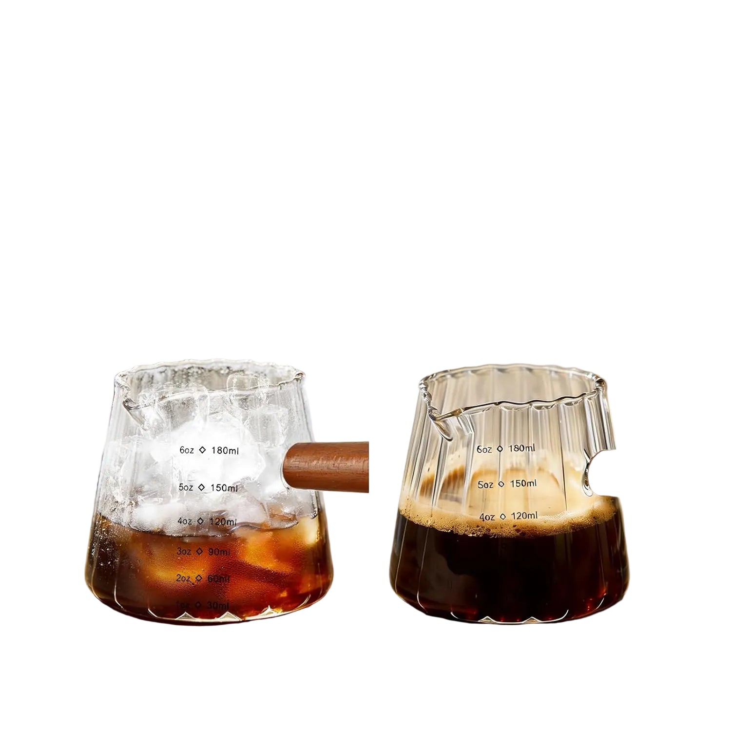 Espresso Messbecher 180 ml (6 oz) aus Borosilikatglas – V-Ausguss mit Holzgriff, Messskala in ml/oz