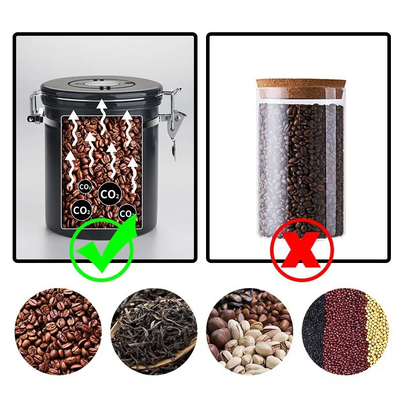 Luftdichter Kaffeebehälter aus Edelstahl 304 – 1,8 L Vorratsdose für Kaffeebohnen mit Messlöffel