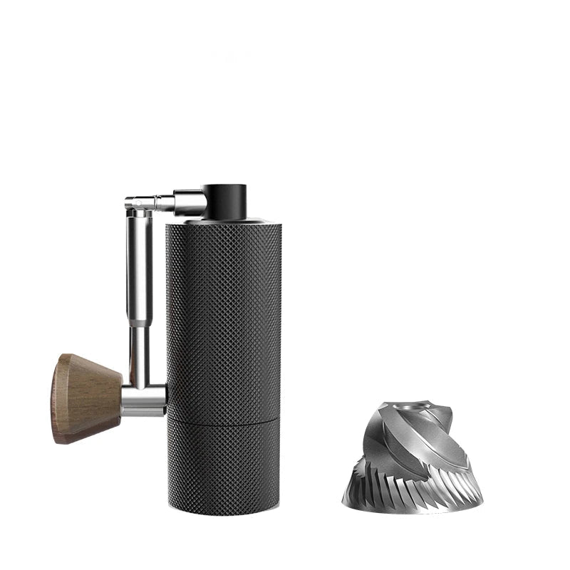 Tragbare manuelle Kaffeemühle Nano 10 cm – CNC Edelstahl-Kegelmahlwerk, Aluminium & Walnussholz, Mini Handmühle für Espresso