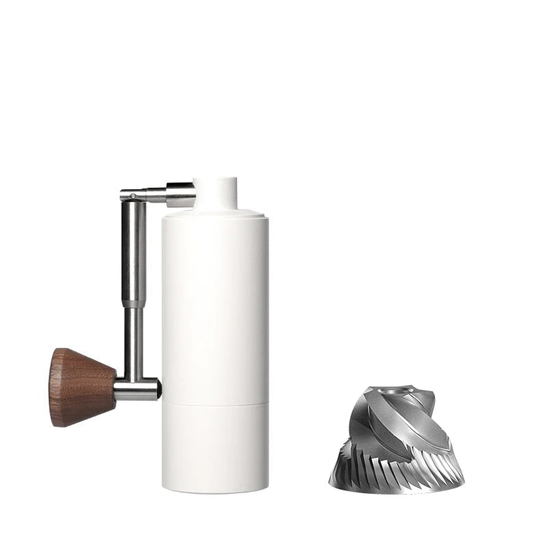Tragbare manuelle Kaffeemühle Nano 10 cm – CNC Edelstahl-Kegelmahlwerk, Aluminium & Walnussholz, Mini Handmühle für Espresso