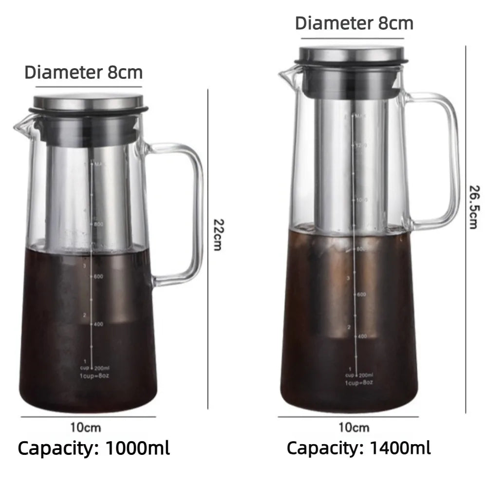 Cold Brew Kaffeekaraffe aus Borosilikatglas 1000/1400 ml – Eiskaffee Bereiter mit Filter für 4–8 Tassen